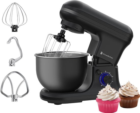 2950060023700 - KitchenBrothers Küchenmaschine 1200W - 5L Edelstahl Rührschüssel - 6 Geschwindigkeiten + Pulsfunktion - Küchenroboter mit Schneebesen Knethaken & Rührhaken - Mattschwarz