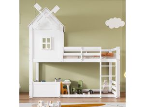 3001277631710 - Okwish - Etagenbett mit Windmühle Kinderbett mit Dach und Fenster mit Fallschutzgitter mit dreistufiger Leiter Kiefer + mdf weiß 90x200cm