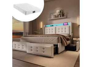 3011280147078 - Polsterbett 140x200 Doppelbett mit LED-Kopfteil und USB-C-Ladefunktion und 4 Schubladen Stauraumbetten mit Holzlattenrost und Metallgestell