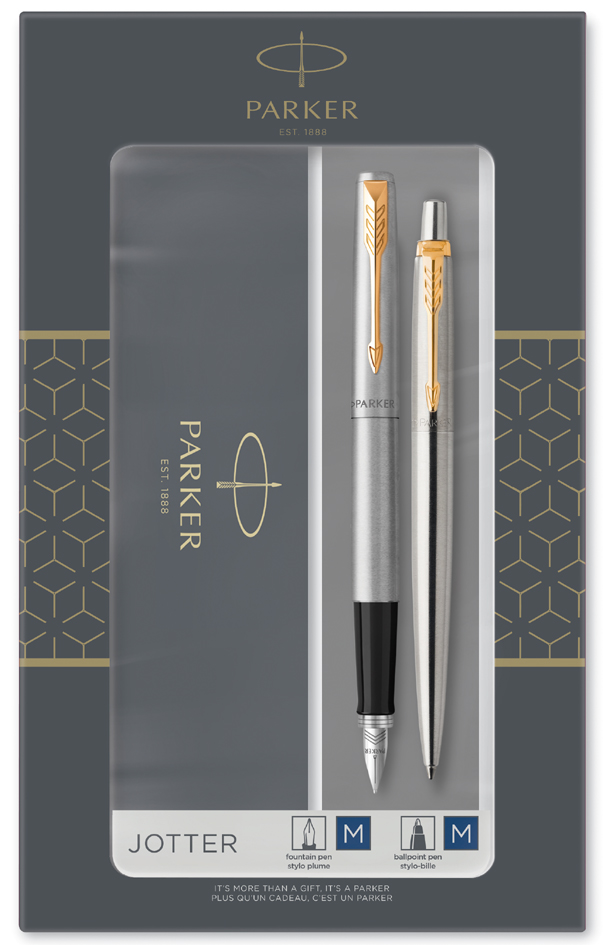 3026980932572 - Parker Jotter Duo Geschenkset mit Kugelschreiber und Füllfederhalter | Edelstahl mit Goldverzierung | blaue Tintenmine und Patronen | Geschenkbox