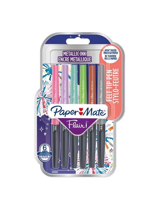 3026981373619 - Paper Mate Flair Stifte | Metallic-Filzstifte | mittlere Spitze (07 mm) | glitzernde Tinte glänzt auf weißem Papier | farblich sortiert | 6 Stück