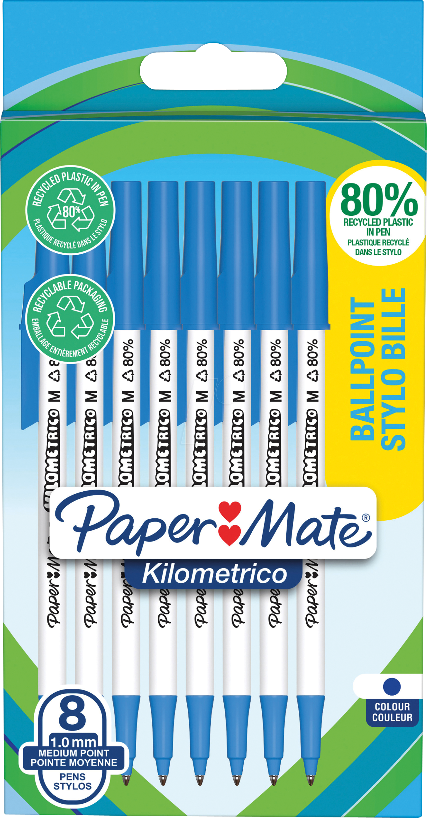 3026981876790 - Kilometrico Kugelschreiber | lange Schreibdauer mit mittlerer Spitze (10 mm) | blaue Tinte | 80 % recyceltes Plastik | 8 Stück