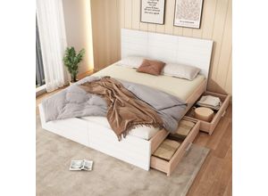 3081280152754 - Doppelbett aus Holz 160×200cm mit 2 Schubladen modernes Bett mit Bettgestell und Lattenrost 207×80×165cm (B×H×L) in Eiche Weiß (ohne Matratze)