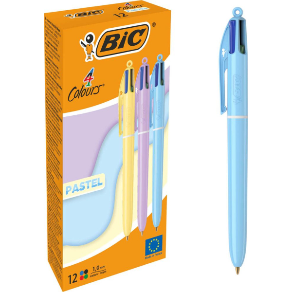 3086123740297 - BIC 4-Farben-Kugelschreiber PASTEL pastellgelb pastellrosa pastellblau Schreibfarbe schwarz blau grün rot 1 St