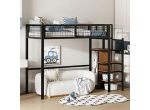 3111280780463 - Hochbett 90200 mit Leiter Kinderbett mit Eisengestell und Ablagefach schwarzer Kleiderschrank