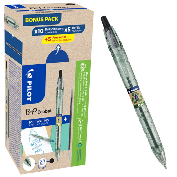 3131910451624 - AKTION PILOT Kugelschreiber B2P „Bottle 2 Pen“ ECOBALL XB transparent schwarz Schreibfarbe schwarz 10 St + GRATIS 5 Kugelschreiberminen