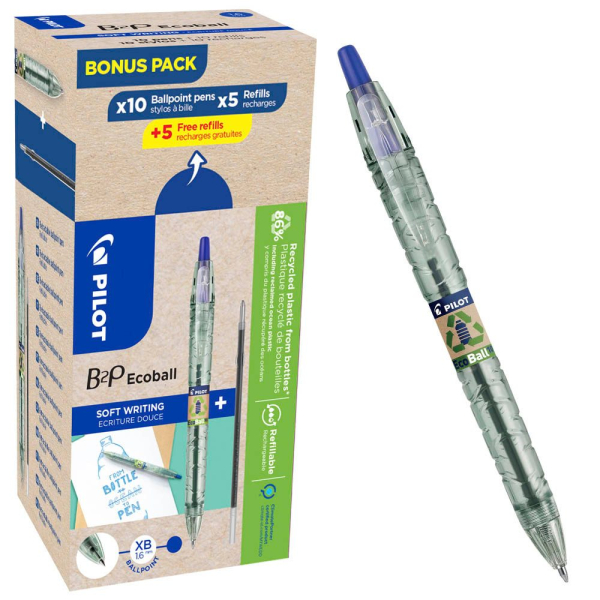 3131910451631 - AKTION PILOT Kugelschreiber B2P „Bottle 2 Pen“ ECOBALL XB transparent blau Schreibfarbe blau 10 St + GRATIS 5 Kugelschreiberminen