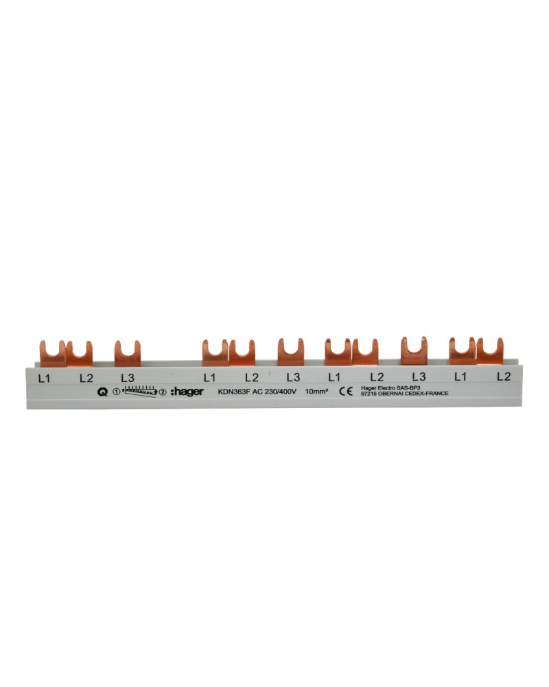 3250613741068 - Hager Phasenschiene 3polig KDN363F Gabelanschluss 10qmm 63A 12 Module