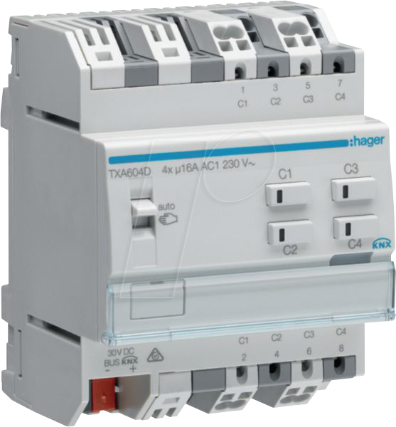 3250616048867 - Schaltaktor knx reg 4TE 4Ausg 16A 2300W Bussystem knx 230V TXA604D - Hager