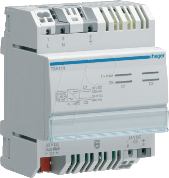 3250616048997 - HAGER TXA114 - Spannungsversorgung KNX mit 1 Drossel 320mA + 1 Ausg 24VDC