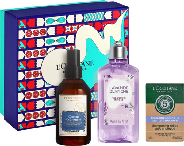 3253582010586 - LOccitane Geschenkset Xmas 23 = Entspannender Kopfkissennebel 100 ml + White Lavender Dusch gel 250 ml + Sanfte Balance Festes Shampoo 60 g 3 Artikel im Set