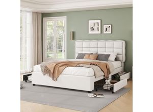 3261280147565 - Okwish - Polsterbett 140x200cm Bett mit Lattenrost (ohne Matratze) Bett mit vier Schubladen minimalistischer Stil Leinen Beige