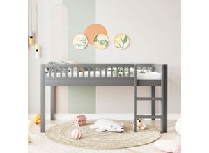 3271277632004 - Okwish - Kinderbett 90200 cm Massivholzbett mit Lattenrost mit Sicherheitsleiter grau