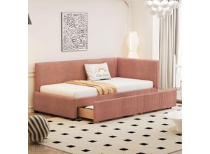 3391280154161 - Okwish - Polsterbett Schlafsofa 90200 Multifunktionsbett mit 2 großen Stauraumschubladen und Lattenrost hautfreundlicher Samtstoff rosa