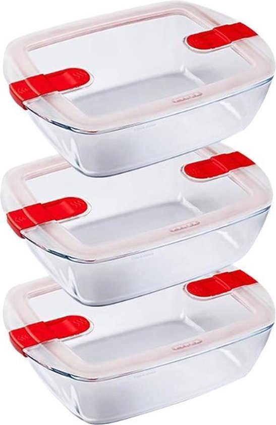 3426470284523 - Cook & Heat Rechteckige Schüssel mit mikrowellengeeignetem Deckel - 3er-Set - Glas - Pyrex