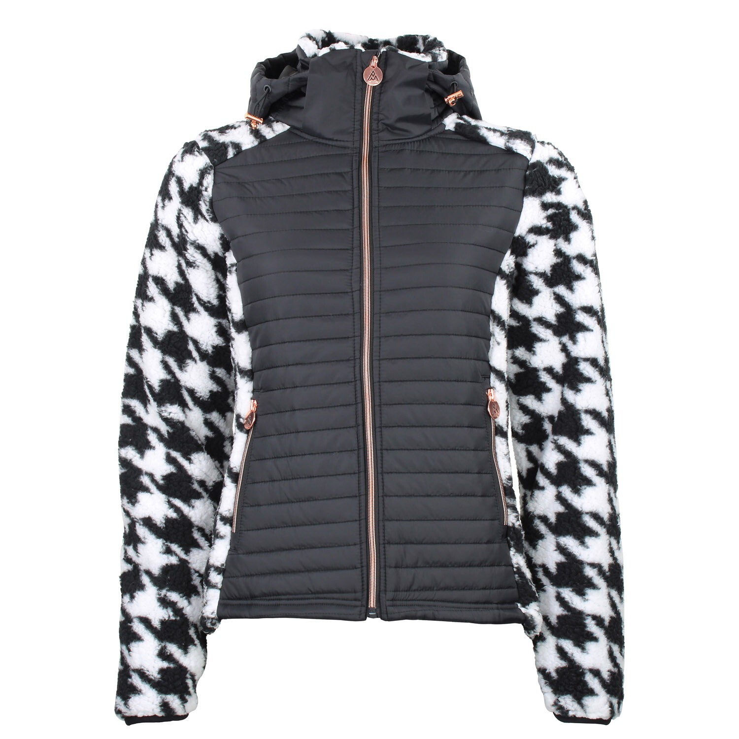 3430890082676 - Zipped Hoodie aus zwei Materialien mit Brust-Emblem und Hahnentrittmuster für Damen Peak Mountain