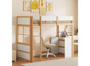 3431280146329 - Hochbett aus Holz 90200cm Sicherheitstreppe mit Tisch Hochzaun-Design Einzelbett Babybett Holz + Weiß