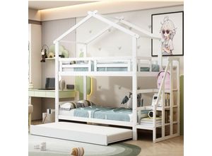 3451280143135 - Okwish - Kinderbett 90200 cm Massivholz-Etagenbett mit Stauraum und Sicherheitsleiter mit Rollcontainer mit Lattenrost weiß