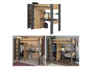 3480940293606 - - tolles Hochbett Heavy 1 von Jugendzimmer Möbel in Artisan Eiche und Schwarz mit integriertem Schreibtisch und Kleiderschrank - Jugendzimmer