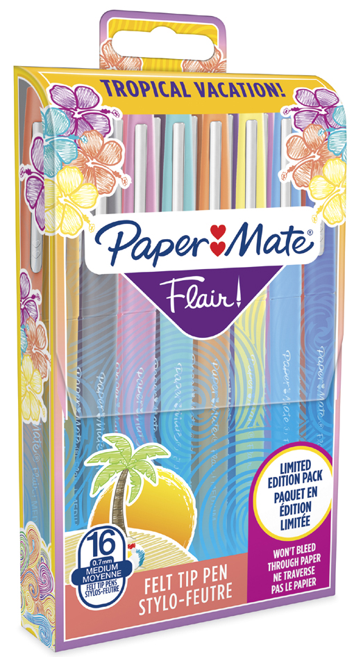 3501179510309 - Paper Mate Flair Filzstifte | mittlere Spitze (07mm) | Tropical Farben | Stifte Tasche mit 16 Stiften