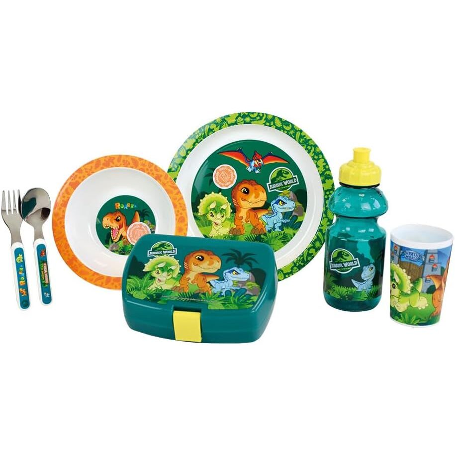 3524550063225 - Essen-Set aus Glas Schüssel Teller Besteck Trinkflasche und Brotdose für Kinder Jurassic World