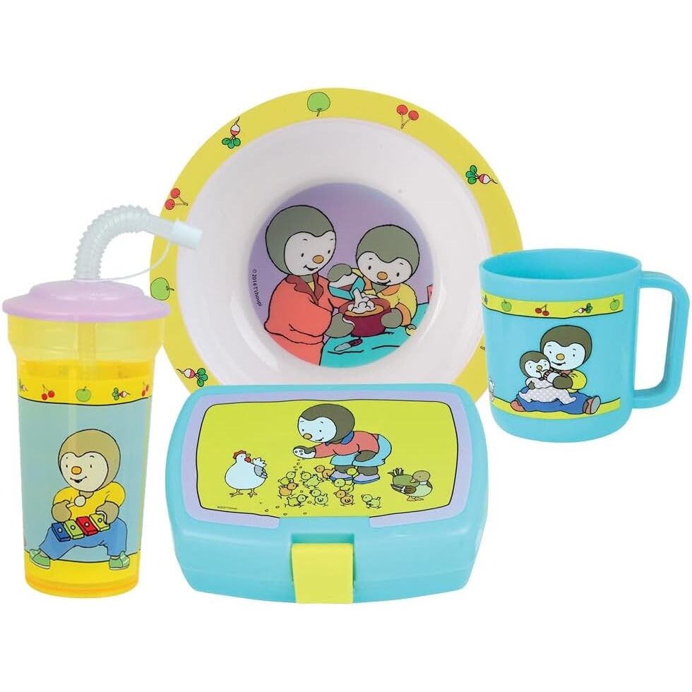 3524550063713 - Set Geschirr mit tiefem Teller Mug Trinkbecher mit Strohhalm und 1 Snackbox für Kinder TChoupi