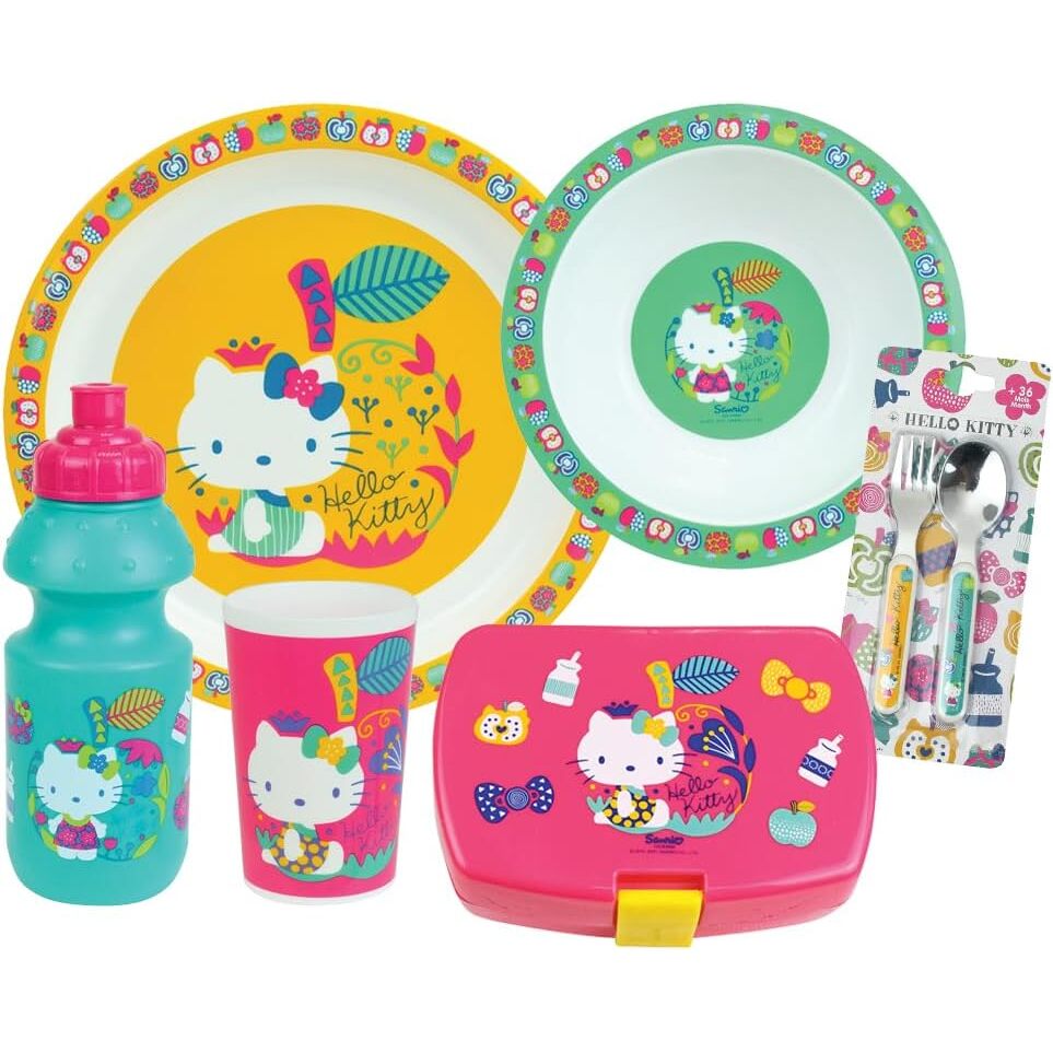 3524550063751 - Teller-Set mit tiefem Teller flachem Teller Trinkflasche Brotdose und 2 Kinderbesteck Hello Kitty