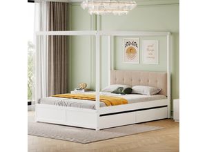 3551280146270 - Okwish - Himmelbett 140200 cm mit großen Schubladen und weicher Rückenlehne weißes Holzbett