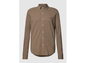 3616535186620 - - Pikee-Hemd in meliertem Hellbraun mit Button-down-Kragen und Markenlogo-Brown