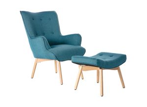 3662275073744 - - Design-Sessel skandinavisch und Fußablage Petrolblau und helles Holz bristol - Blau