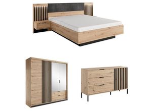 3666471083231 - Vente-unique - Schlafzimmer-Set - Bett mit Nachttischen - 160 x 200 cm + Kommode + Kleiderschrank - Holzfarben & Schwarz - ariada