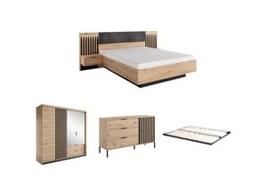 3666471083248 - Schlafzimmer-Set - Bett mit Nachttischen - 160 x 200 cm + Lattenrost + Kommode + Kleiderschrank - Holzfarben & Schwarz - ARIADA