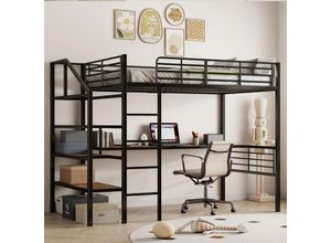 3671280777844 - Hochbett 90200cm ohne Matratze Schreibtisch Staustufen Eisengestell schwarz
