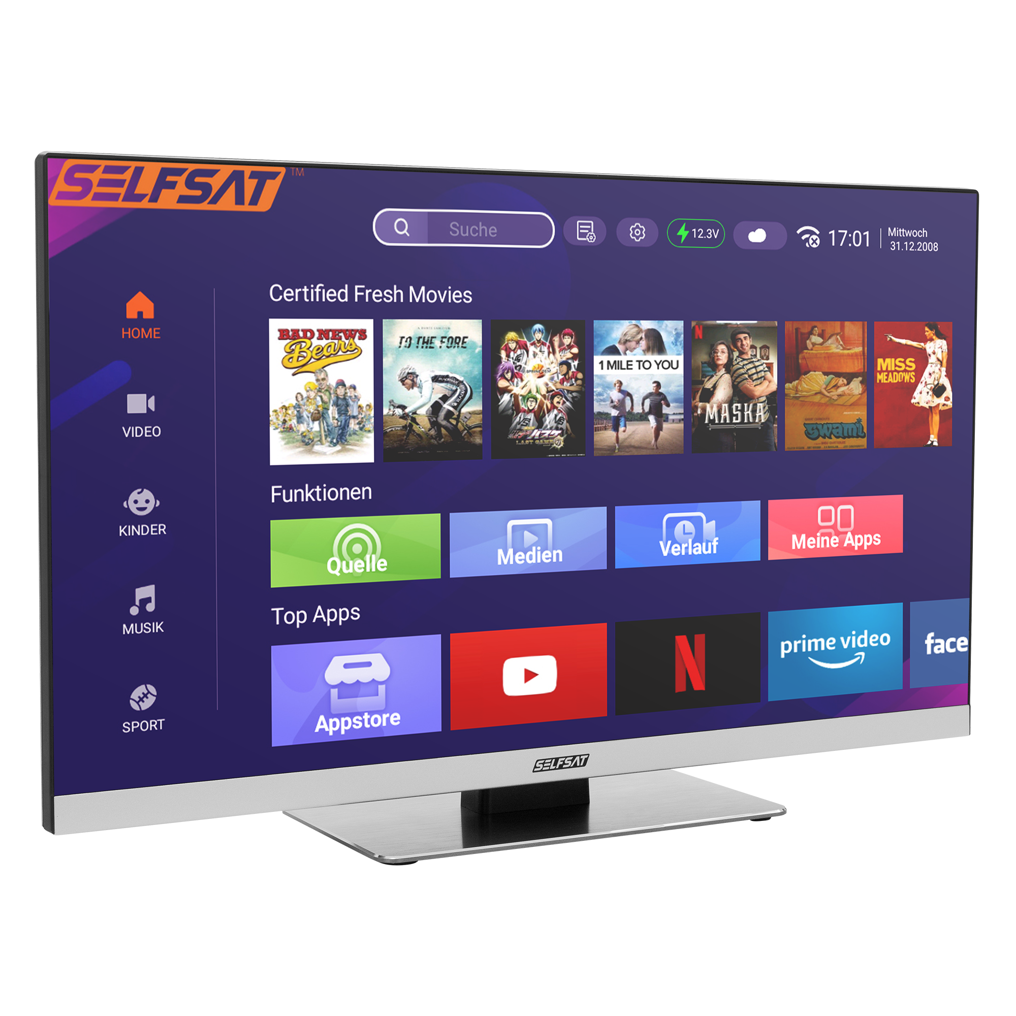 3700433800617 - SELFSAT SMART LED TV 1255 (55cm 22" ) rahmenloser TV inkl DVB-S2 C T2 HD Tuner mit WLAN u Bluetooth