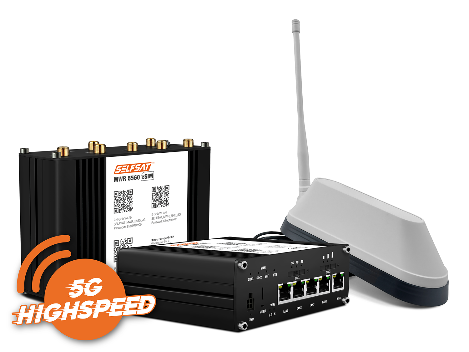 3700433897389 - SELFSAT MWR 5560 eSIM 5G Cat 20 WLAN Router bis 34 Gbps inkl SHARK 5G Antenne weiß