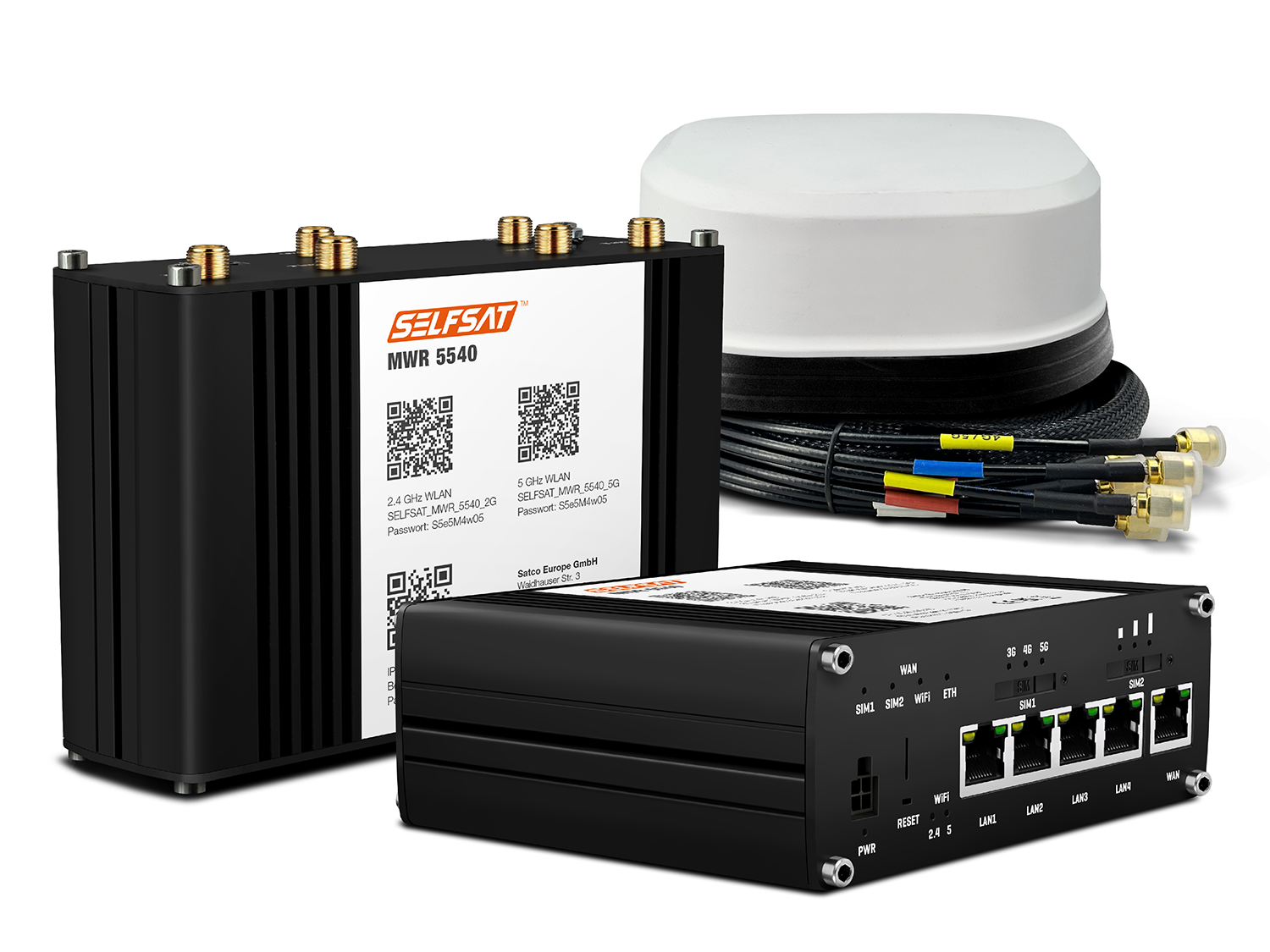 3700433897440 - SELFSAT MWR 5540 5G Cat 12 WLAN Router bis 26 Gbps inkl SATCO 5G Antenne weiß