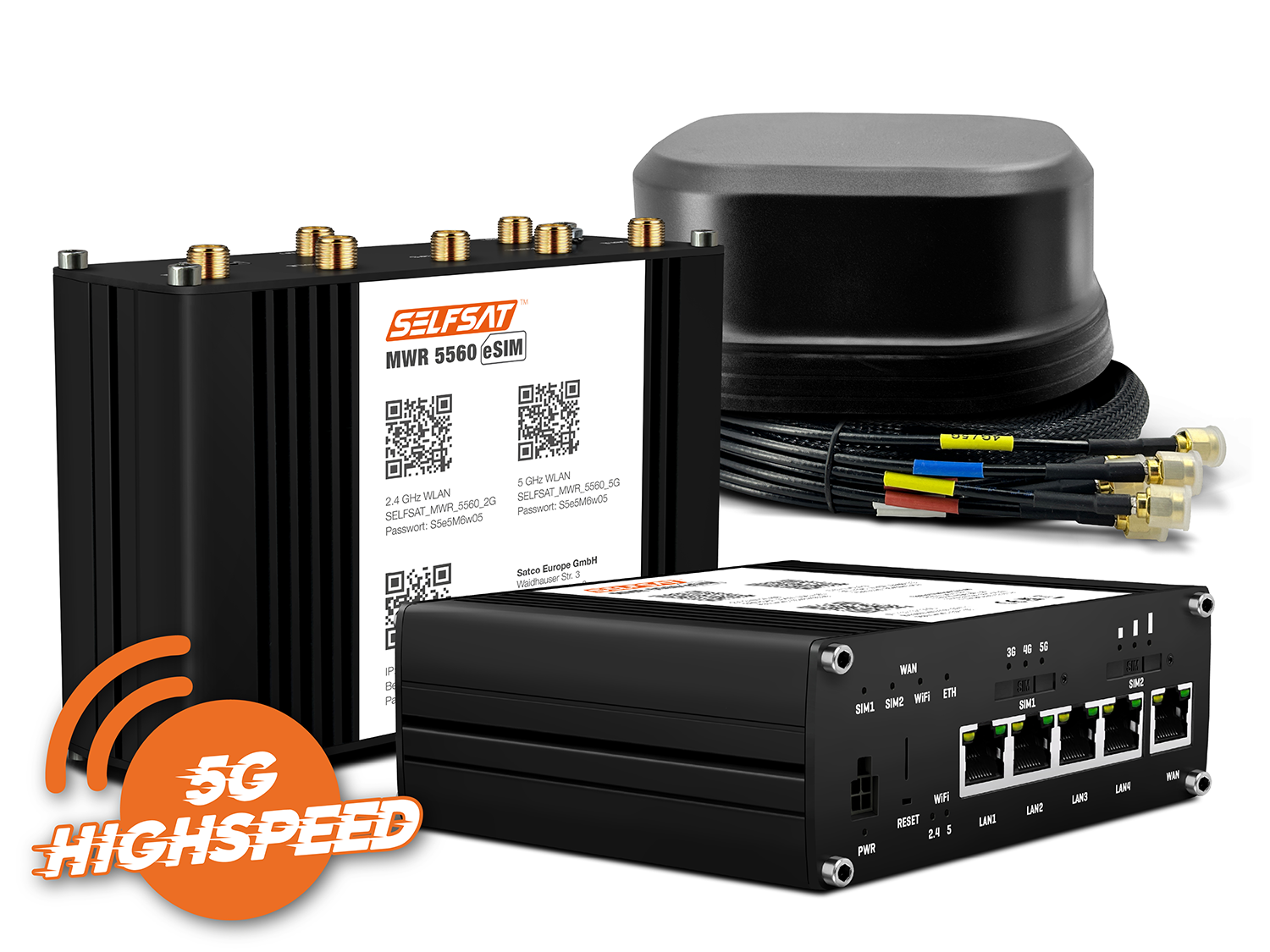 3700433897495 - SELFSAT MWR 5560 eSIM 5G Cat 20 WLAN Router bis 34 Gbps inkl SATCO 5G Antenne schwarz