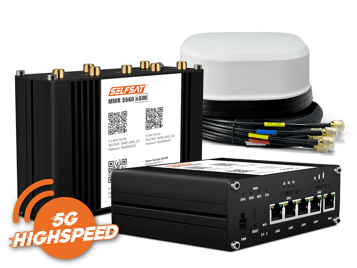 3700433897501 - SELFSAT MWR 5560 eSIM 5G Cat 20 WLAN Router bis 34 Gbps inkl SATCO 5G Antenne weiß