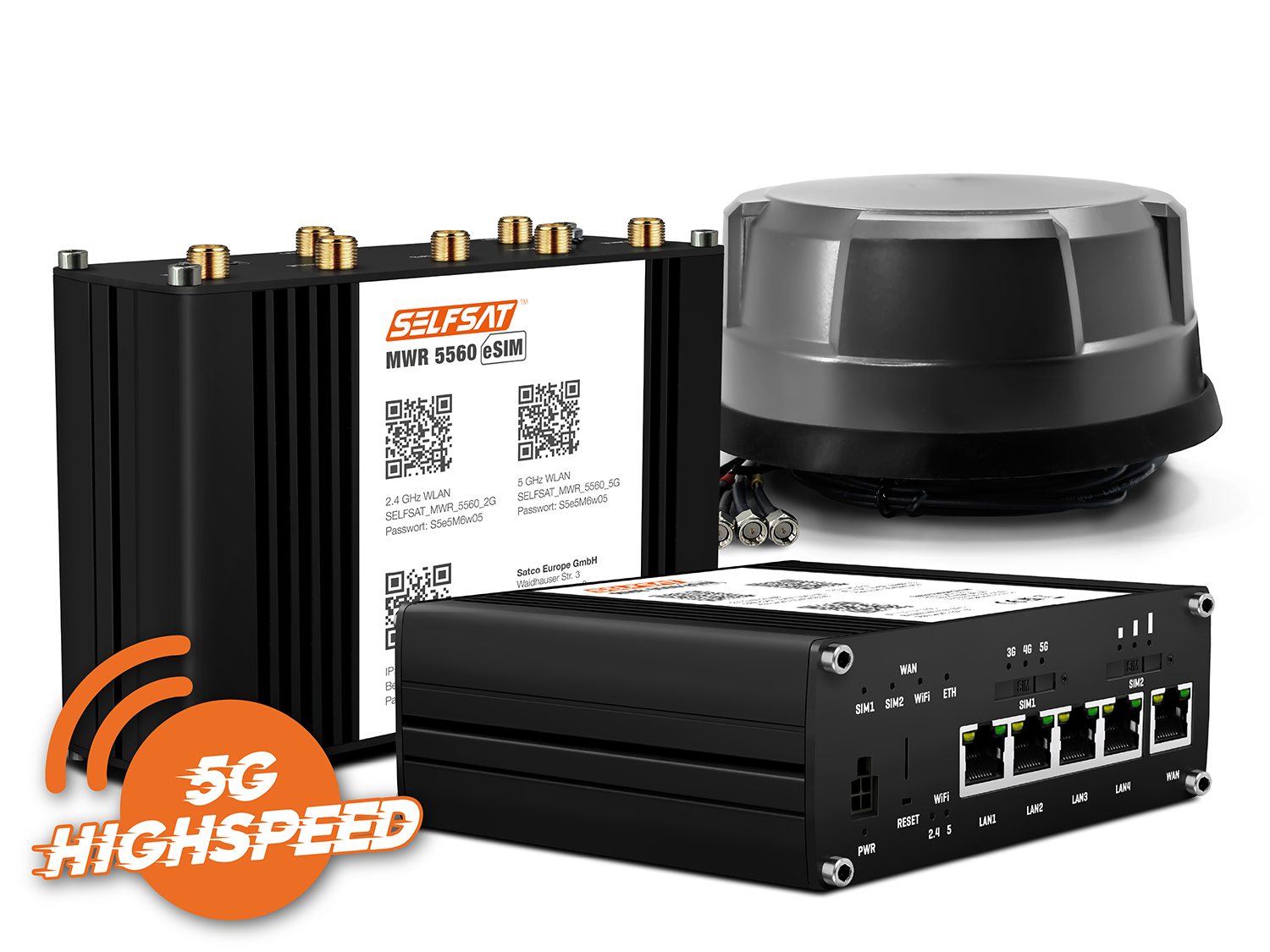 3700433897518 - SELFSAT MWR 5560 eSIM 5G Cat 20 WLAN Router bis 34 Gbps inkl Panorama Antenne schwarz