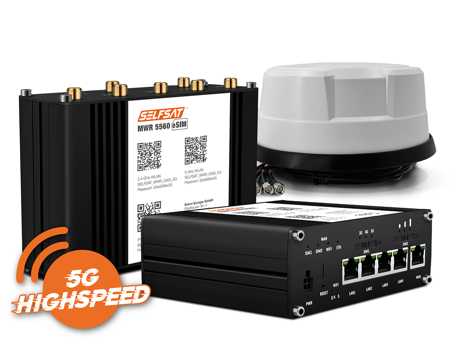 3700433897525 - SELFSAT MWR 5560 eSIM 5G Cat 20 WLAN Router bis 34 Gbps inkl Panorama Antenne weiß