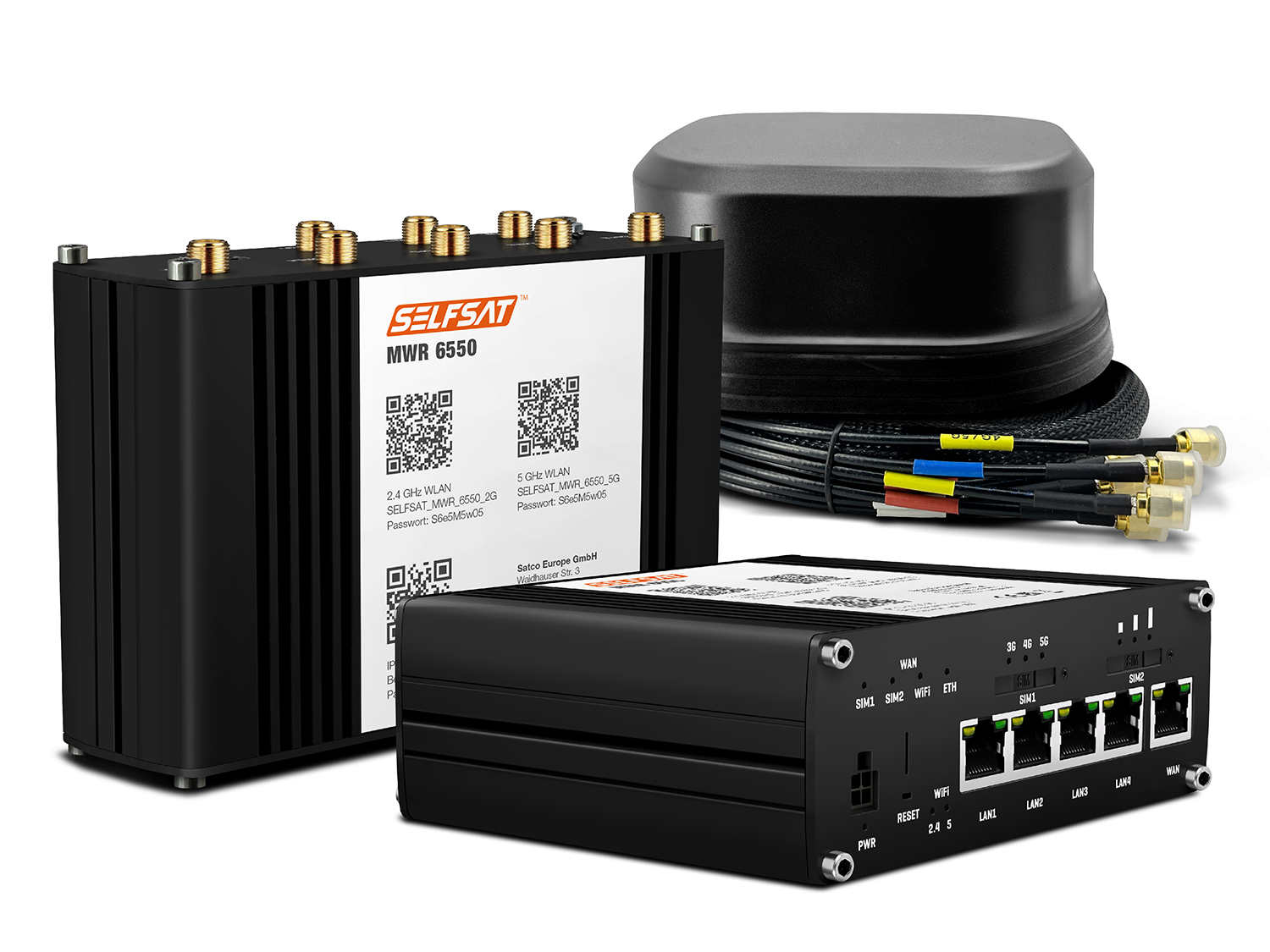 3700433897532 - SELFSAT MWR 6550 5G Cat 20 WiFi 6 WLAN Router bis 34 Gbps inkl SATCO 5G Antenne schwarz
