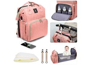 3700778728492 - Wickeltasche Rucksack Große Baby Wickelrucksack mit bettfunktion USB-Ladeanschluss Kinderwagengurte multifunktional wasserabweisend (Rosa) - Rosa