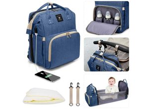 3700778728539 - Wickeltasche Rucksack Große Baby Wickelrucksack mit bettfunktion USB-Ladeanschluss Kinderwagengurte multifunktional wasserabweisend (Dunkelblau)