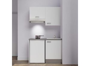 3700842529864 - Cuisibane - Kochnische K01L-PT – 120 cm mit Arbeitsplatte und Spüle Kühlschrank und Dunstabzugshaube White Facade Grey Plan White Sink