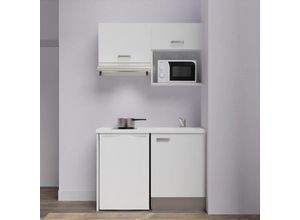 3700842530044 - Küchenzeile K02L-PT – 120 cm mit Arbeitsplatte und Spüle – Kühlschrank Dunstabzugshaube und Mikrowellenschlitzen White Facade White Plan White Sink