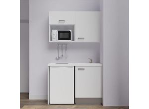 3700842530310 - Cuisibane - Kochnische K07L-PT – 120 cm mit Arbeitsplatte und Spüle Kühlschrank und Mikrowellenschlitzen White Facade White Plan White Sink