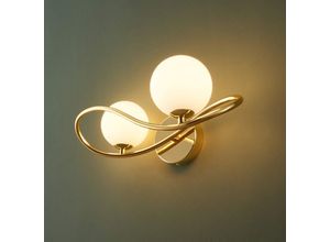 3701703924224 - Goldene Design-Wandleuchte mit zwei weißen Glaskugeln - Novale