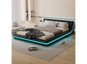 3711280146018 - Okwish - Flachbett 140200cm Bodenbett pu LED-Ambientelicht 24-Tasten-Fernbedienung schwarz