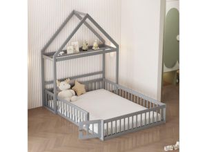 3741280146640 - Okwish - Kinderbett 140 x 200 Kinderbettgestell aus Massivholz mit Stauraum komplettem Schutzgitter Türen und Lattenrost grau