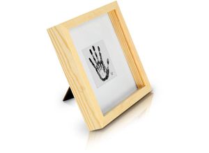 3744667728644 - Classic by Quadratischer Box-Bilderrahmen aus Echtholz - Pinie Natur - 23x23 cm und 45 cm tief - Sicherheitsglas - mit 10x10 cm Passepartout - 3d